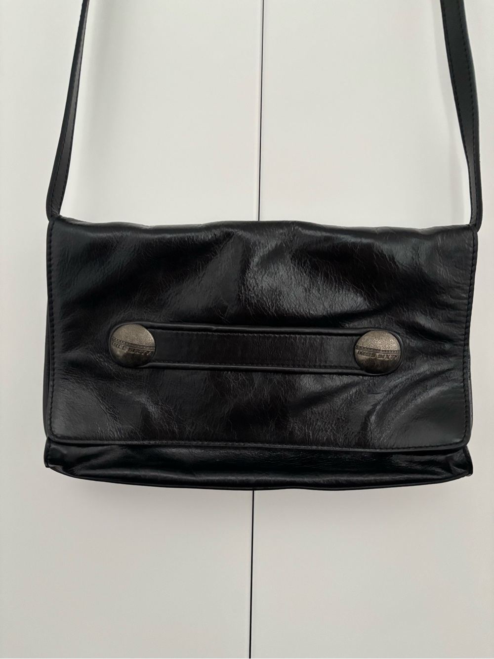 Miss Sixty Black Leather Messenger Bag with Metal Button Accents